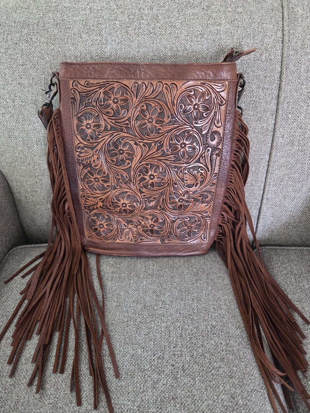 Brown Tooled Leather Fringe Crossbody Bag